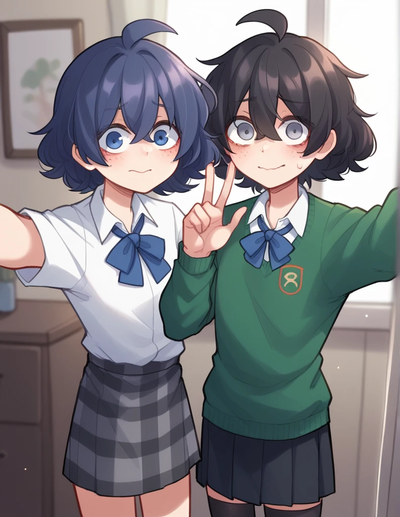 2 girls Girl1: ppka, black fur, short hair, messy fur, Ahoge, parts, grey eyes, sweet look, blind, White shirt, Plaid skirt, grey skirt, mismatched socks, different socks, nervous, light smile,
girl 2: looking at the viewer, by rubio, wide, Hair band, Dress shirt, black skirt, black stockings, straight bangs, blue tie, blue eyes,
pantimedias, medias pantiblack, mini skirt, mini skirt negra, black skirt, wide sweater, green sweater, wide sweater verde oscuro, Bun, moño azul, pelo rubio, pelo rubio
Looking at the camera together, selfie together, hugged, selfie hands pose,