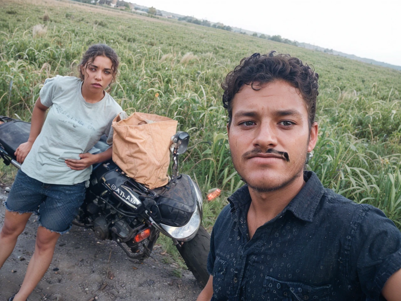photograph of a woman, (troubled facial expression), textured skin, goosebumps, curly hair, plaid flannel shirt with distressed boyfriend jeans, cowboy shot, perfect eyes, Porta 160 color, shot on ARRI ALEXA 65, bokeh, sharp focus on subject, shot by Don McCullin
