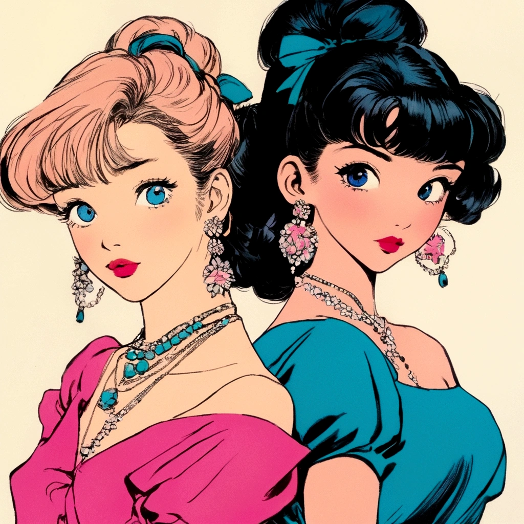 A retro girl(Cute:1.3 points),(Eighties:1.4 points),(Retro Hong Kong style:1.3 points),Showa manga,1990s animation style,Vintage jewelry,Double tail,earrings,necklace,Blue Eyes,Pink clothes,Bust,clavicle,Pink lips,Off-shoulder tops,黑色necklace,Bangs,Simple background