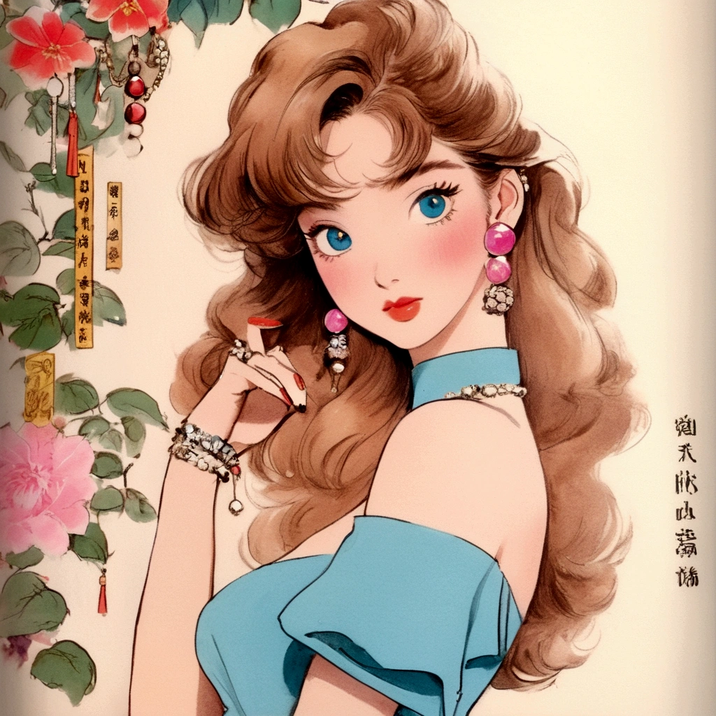 A retro girl(Cute:1.3 points),(Eighties:1.4 points),(Retro Hong Kong style:1.3 points),Showa manga,1990s animation style,Vintage jewelry,Double tail,earrings,necklace,Blue Eyes,Pink clothes,Bust,clavicle,Pink lips,Off-shoulder tops,黑色necklace,Bangs,Simple background