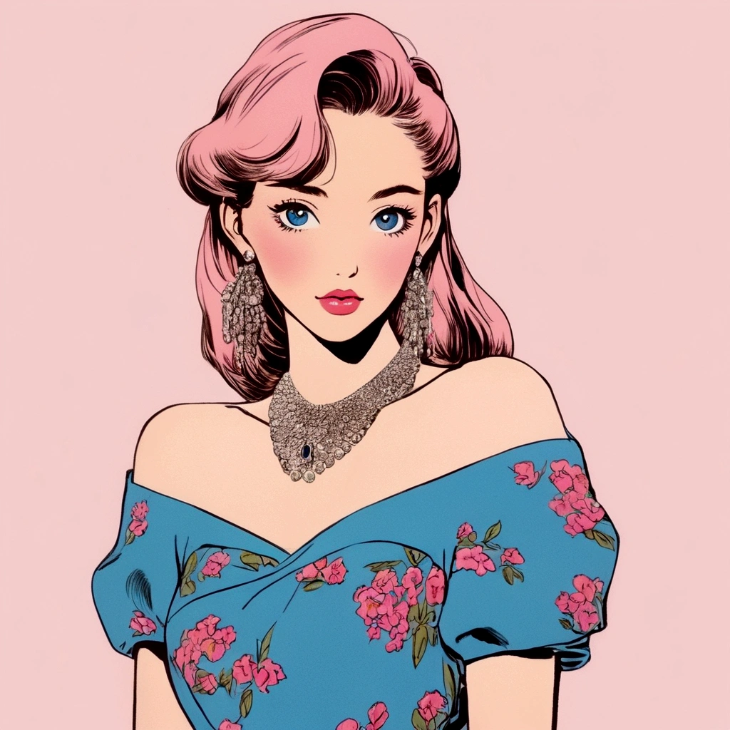 A retro girl(Cute:1.3 points),(Eighties:1.4 points),(Retro Hong Kong style:1.3 points),Showa manga,1990s animation style,Vintage jewelry,Double tail,earrings,necklace,Blue Eyes,Pink clothes,Bust,clavicle,Pink lips,Off-shoulder tops,黑色necklace,Bangs,Simple background