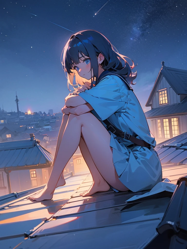 1 Outdoor girls, late, starrysky, in a panoramic view, scenecy, horizon, the roof, sitting on rooftop, ventania,(wide angles,Ultra HD details,Masterpiece, hyper HD, Super detail, High details, Best quality, A high resolution, Award-Awarded, 8K),(电影灯光)
