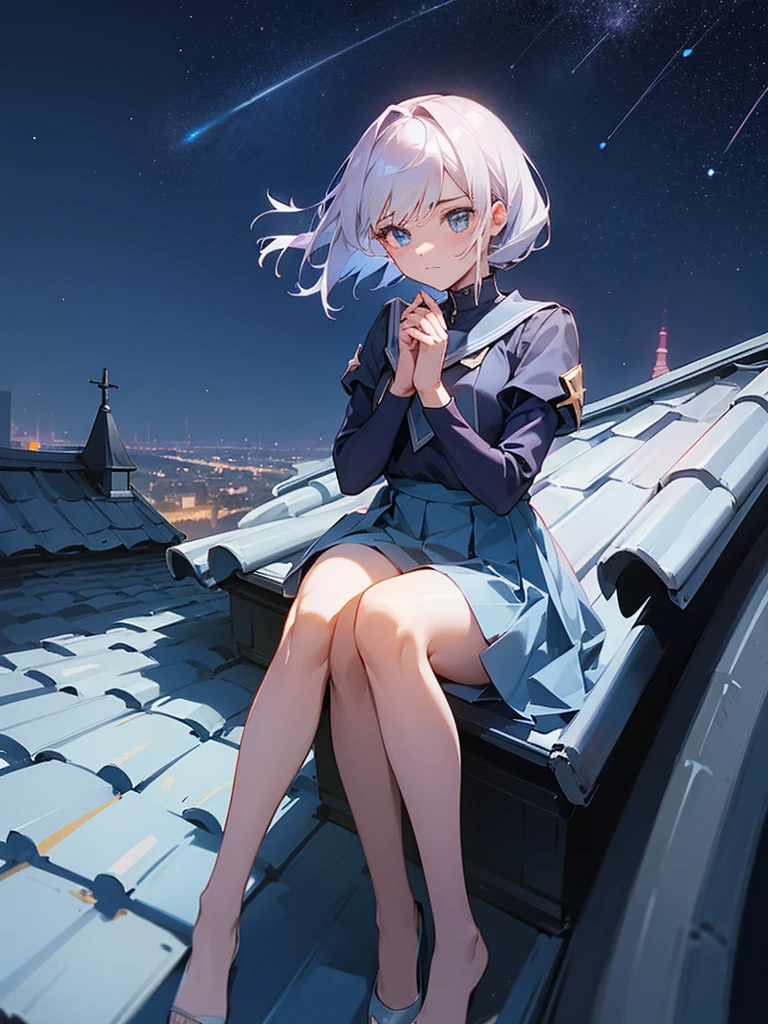 Girl sitting on the roof of a house, clasping your knees with your hands, and looks thoughtfully at the night sky, Star-studded. She&#39;s wearing a cozy sweater and her favorite cat socks.. Nearby there is a mug with still warm cocoa. The camera is located from bottom to top