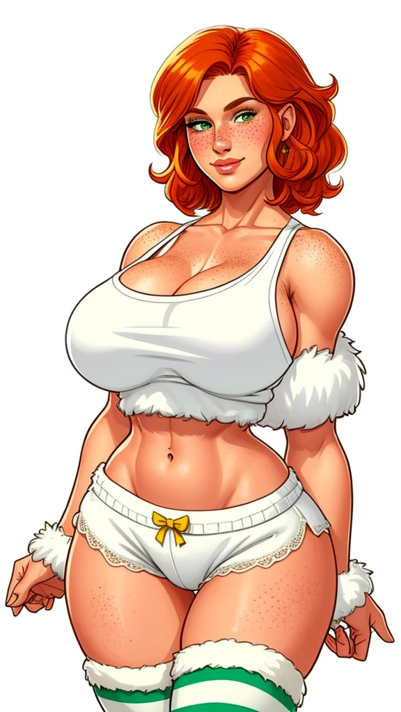 Lacy Lemon, pretty woman, ginger hair, midriff, white cloth hotpants,tank top, fur stole,  short shorts, fur wrap over shoulders, freckles, large breasts,  rubenesque, thigh high striped socks,

green eyes,

white background, blank background, 