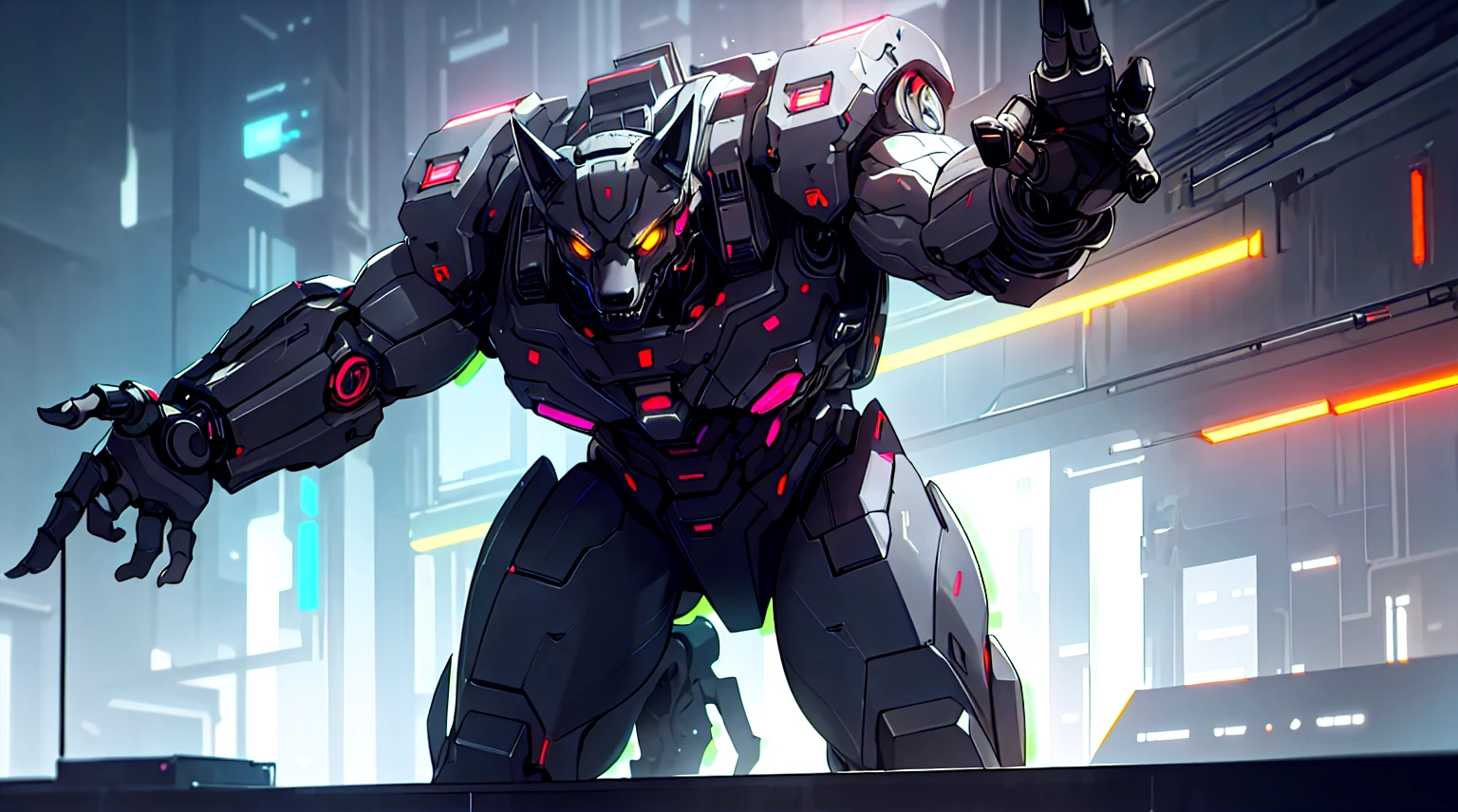 A highly detailed and realistic cyborg wolf, muscular digital body, glowing cybernetic limbs, futuristic cyberpunk city, neon lights, night time, moody lighting, cinematic atmosphere, volumetric fog, intricate mechanical details, sleek metallic textures, dynamic pose, dramatic lighting, photorealistic, 8k, hyperdetailed, masterpiece