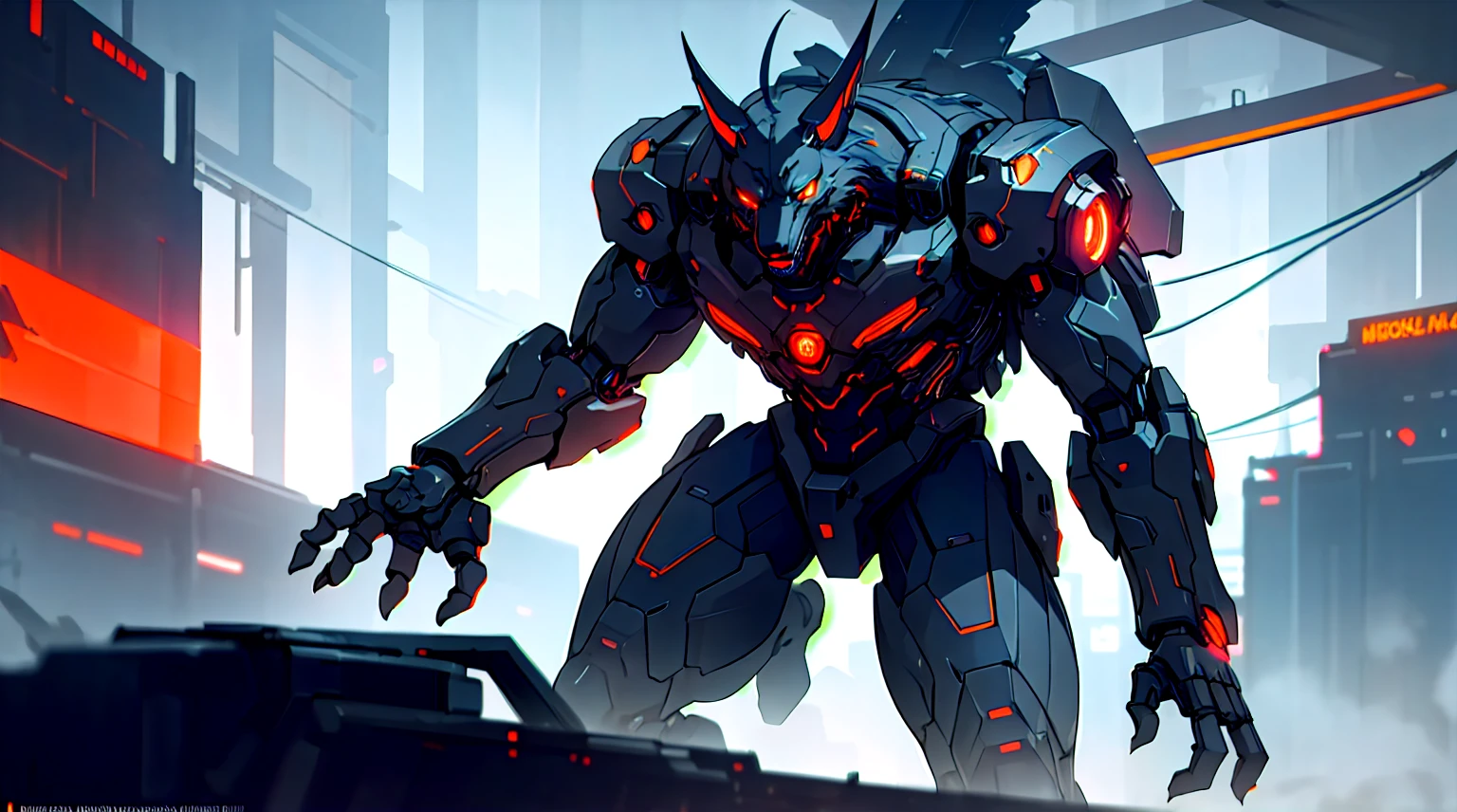 A highly detailed and realistic cyborg wolf, muscular digital body, glowing cybernetic limbs, futuristic cyberpunk city, neon lights, night time, moody lighting, cinematic atmosphere, volumetric fog, intricate mechanical details, sleek metallic textures, dynamic pose, dramatic lighting, photorealistic, 8k, hyperdetailed, masterpiece
