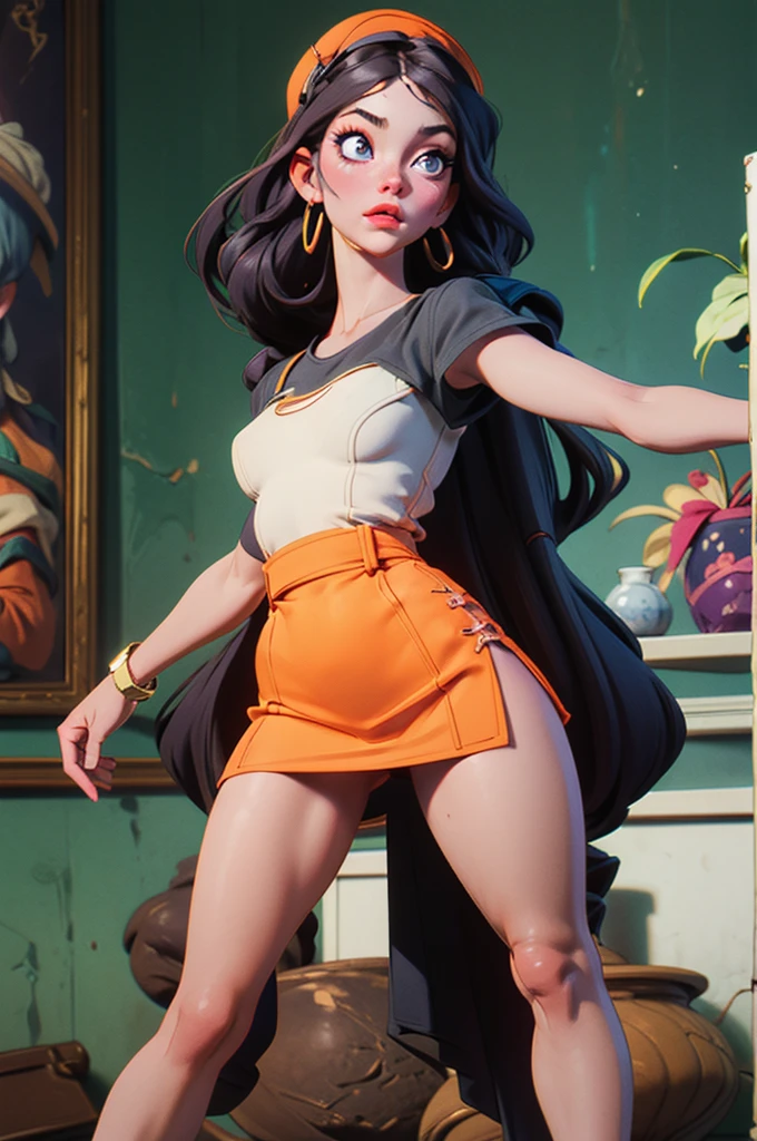 Mona Lisa from Leonardo da Vinci: Mona Lisa has a unique style and a striking appearance. Wearing a full white plain t shirt, sexually suggestive dancing characterized by rapid, repeated hip thrusts and shaking of the buttocks especially while squatting She is in twerking position, Their hair, which can vary in length and color, is often styled in a modern and elegant way. His eyes are captivating, with long, well-defined eyelashes. Mona Lisa has flawless, glowing skin with slightly flushed cheekbones. Her lips are full and tightly contoured. She exudes a powerful and confident vibe with her unique look. 1girl, solo, colorful, cyberpunk, city, peace sign, earrings, neon, beautiful lighting, purple reflection, cap, character focus, cg illustration