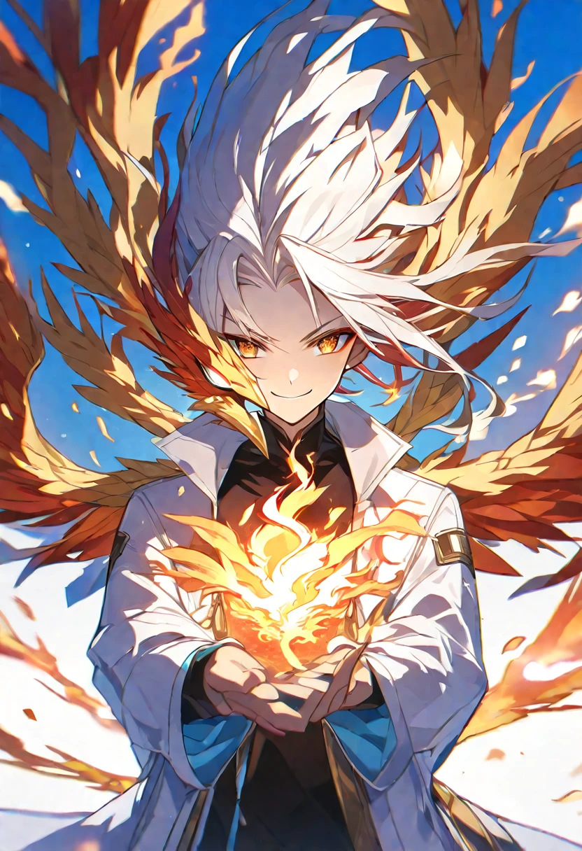Solo, 1 male, red and white hair, golden eyes, white coat, fire, phoenix, smile facial