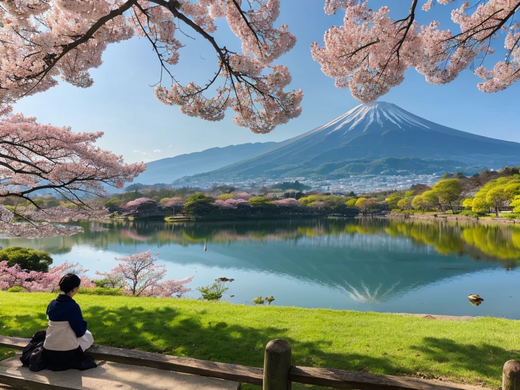  mountain Fuji with a lake and a pagoda and koi fish and sakura 