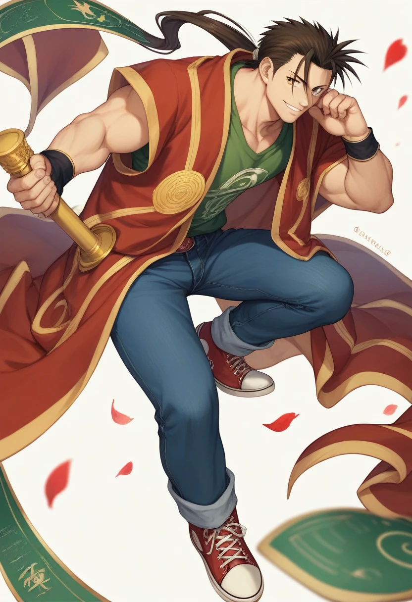 1 medium-tall 16-year-old male, anime style Fullmetal Alchemist. Her hair is long with a ponytail and a long double shawl like a textbook hairstyle.. Wear a jockey hat with a "r" the day. His large eyes have a brown iris and pointed eyebrows., with a confident smile on his face.
Use a green short-sleeved t-shirt with a simple design with 2 patterns that alternate yellow and white. His pants are blue jeans with some white and yellow embroidery.. His shoes are converse-type sneakers between black and white.. Has black wristbands.
