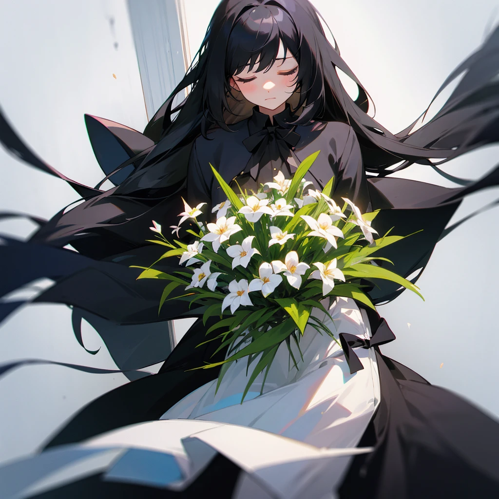 Long black hair, closed eyes, bouquet of flowers, black ribbon, black clothes