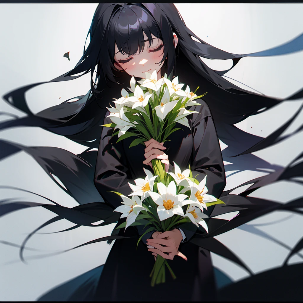 Long black hair, closed eyes, bouquet of flowers, black ribbon, black clothes