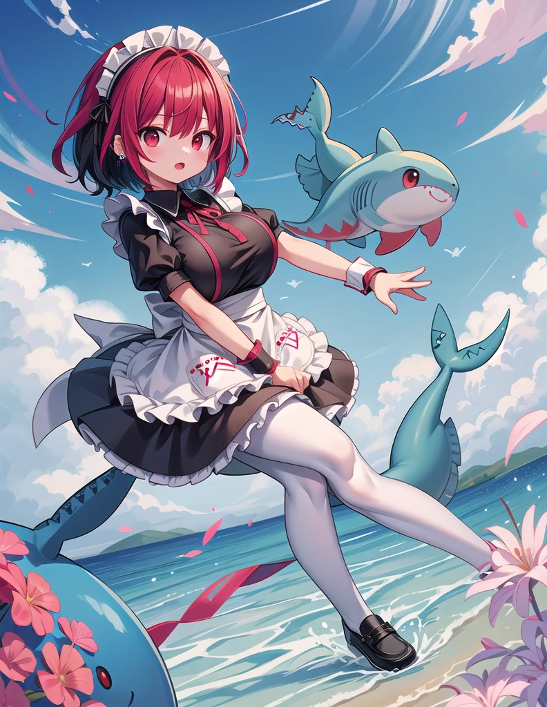 solo,1girl(big breast)(masterpiece, best quality:1.2),Ellen Jo,Zenless Zone Zero,alternate costume ,maid, shark tail, (shark girl:0.5), short hair,black hair,red eyes, tail, pantyhose,multicolored hair, black footwear, short sleeves, apron, wrist cuffs, maidheaddress, stockings, nyantchaellen joe, black hair, red hair,colored inner hair, multicolored hair, (red eyes:1.3), red hair, short hair, two-tone hair,apron, black pantyhose, black shirt, ear piercing,