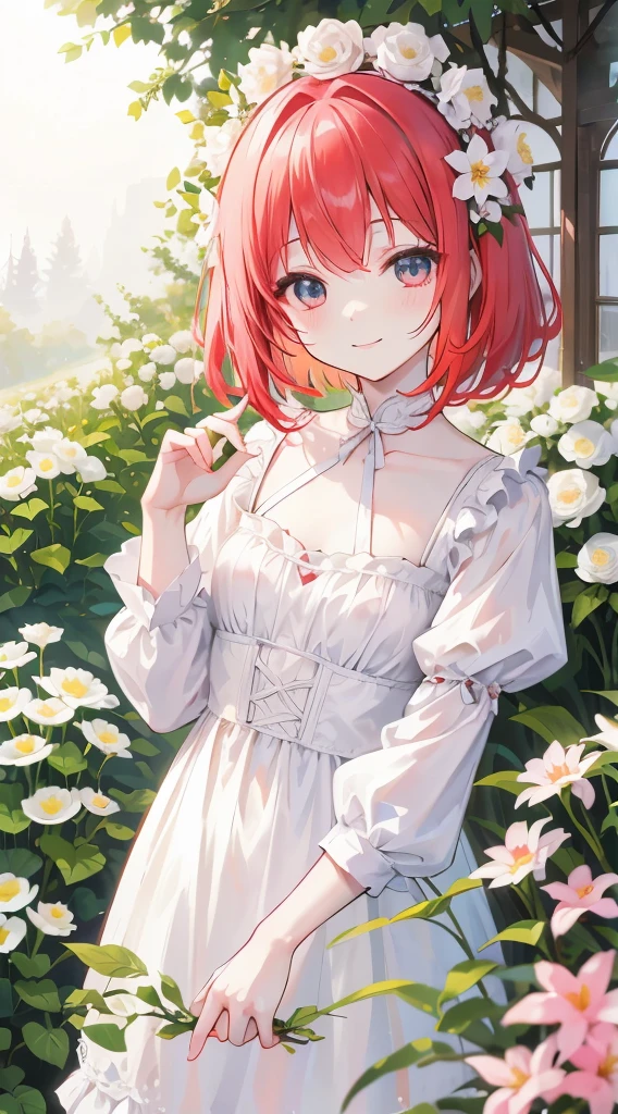 woman, 14 years old、Dark Elf, Dark Skin, Pointed Ears, Navy Blue Hair、Red eyes、Somen、Kind eyes、Blushing、garden、White Dress