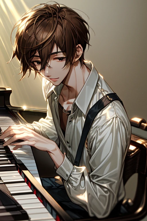 brown hair，play piano，Sunlight，Cheerful，gentle，handsome guy，Year 20。Realism，meticulous。