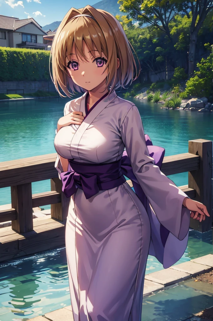 (masterpiece:1.3), (best quality:1.1), (8k, ultra detailed, ultra high res:1.2), ((anime style)), perfect 5 fingers, perfect anatomy, 
1girl,
Kushida Kikyou, 
short hair, 
bronze hair, 
(purple eyes:1.2), small eyes, 
large breasts, 
yukata, 
looking at viewer, 
cowboy shot, 
natural light, standing, detail background, outdoor, outside, Pond at your feet, Fireworks reflected on the pond, BREAK, evening,