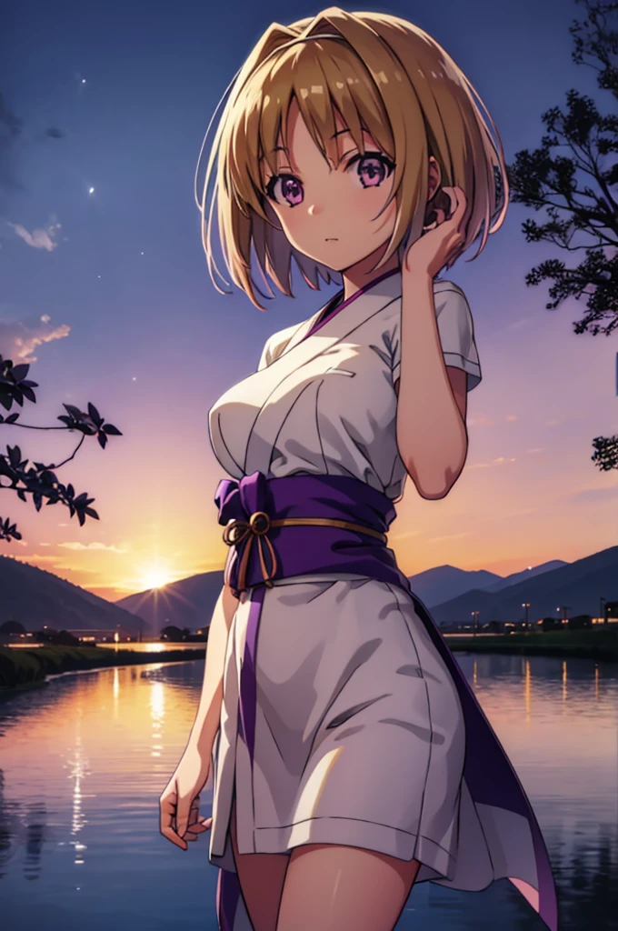 (masterpiece:1.3), (best quality:1.1), (8k, ultra detailed, ultra high res:1.2), ((anime style)), perfect 5 fingers, perfect anatomy, 
1girl,
Kushida Kikyou, 
short hair, 
bronze hair, 
(purple eyes:1.2), small eyes, 
large breasts, 
yukata, 
looking at viewer, 
cowboy shot, 
natural light, standing, detail background, outdoor, outside, Pond at your feet, Fireworks reflected on the pond, BREAK, evening,