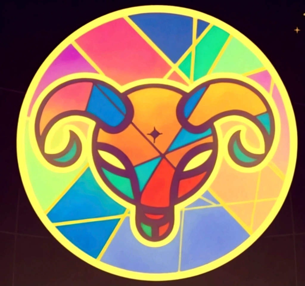 I want the style of church stained glass,The Capricorn sheep head needs to be a frontal face and the style should be a simple cartoon,Don’t use too many colors overall,Don’t make it too complicated