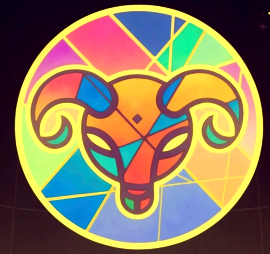 I want the style of church stained glass,The Capricorn sheep head needs to be a frontal face and the style should be a simple cartoon,Don’t use too many colors overall,Don’t make it too complicated