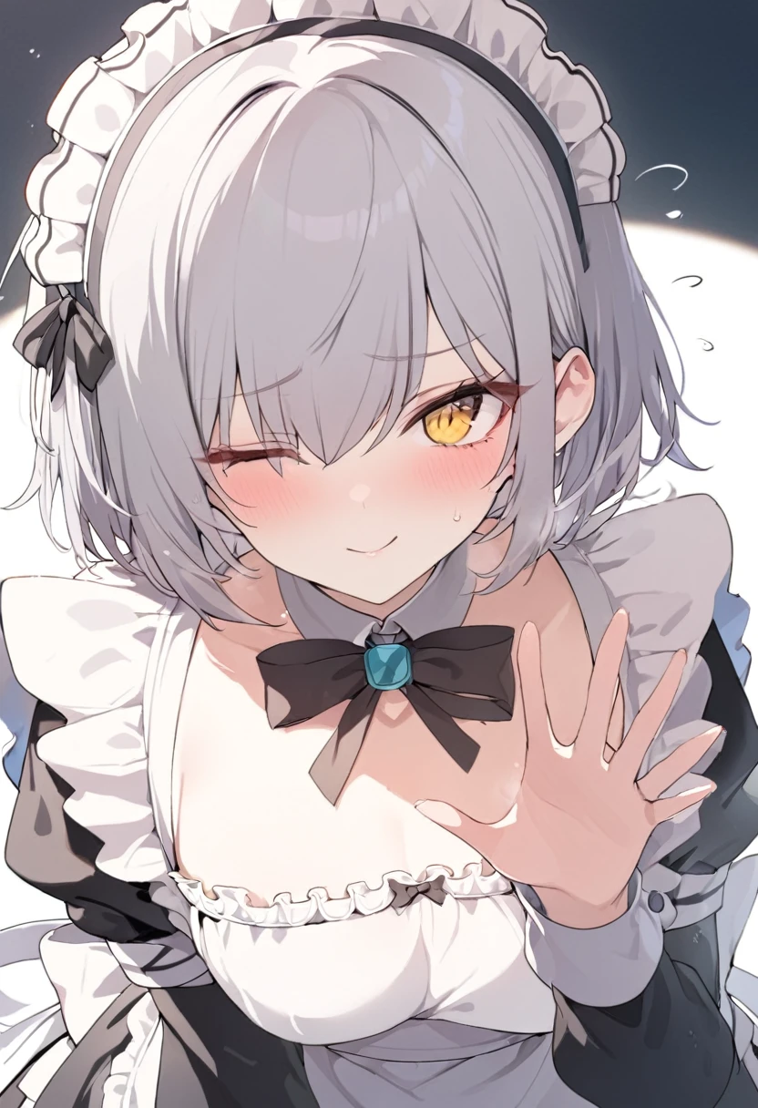 1 Girl，Maid clothes，Gray Hair，Wink，short hair，Beautiful Hands，Highest quality，masterpiece，Beautiful composition、Yellow eyes、Serious、Open only one eye、Flash from the eyes、
