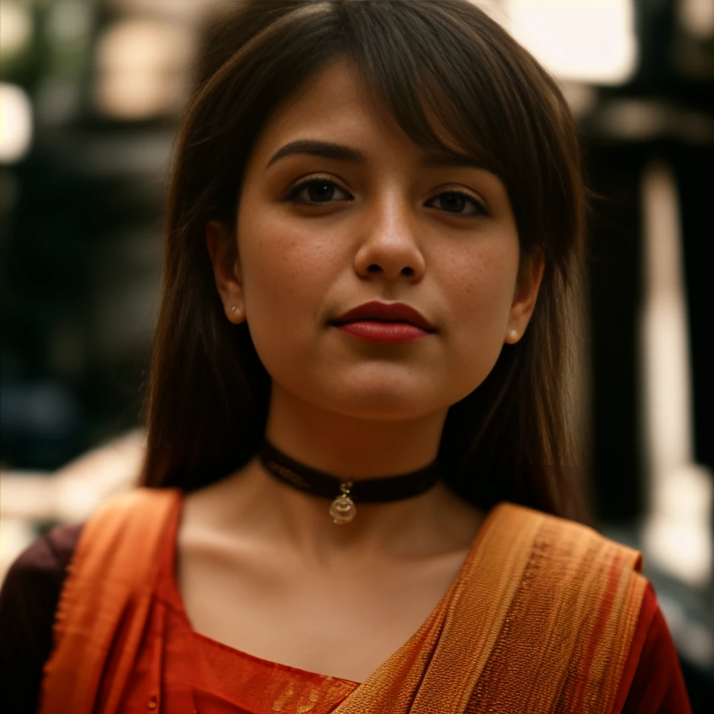 (8k, RAW photos, best image quality, masterpieces, : 1.2), (realistic, photorealistic: 1.37), film grain, photo, rule of thirds, dramatic lighting, medium hair, detailed face, detailed nose, woman wearing saree, freckles, collar or choker, smirk, Kolkata street, Howrah, Latinas, realism, realistic, raw, analog, woman, photorealistic, analog, realism, full body