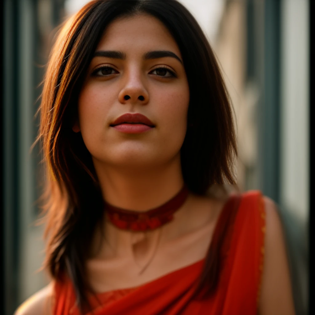 (8k, RAW photos, best image quality, masterpieces, : 1.2), (realistic, photorealistic: 1.37), film grain, photo, rule of thirds, dramatic lighting, medium hair, detailed face, detailed nose, woman wearing saree, freckles, collar or choker, smirk, Kolkata street, Howrah, Latinas, realism, realistic, raw, analog, woman, photorealistic, analog, realism, full body