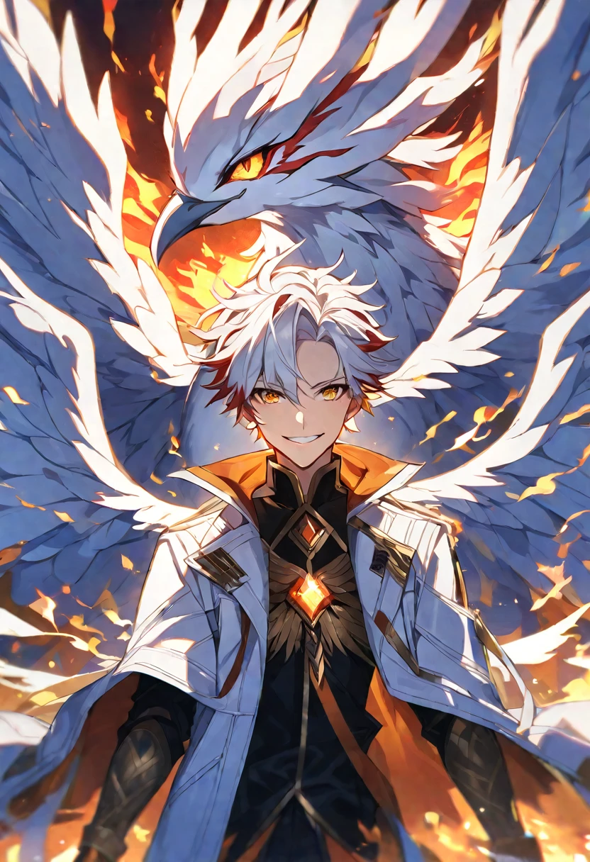 Solo, 1 male, red and white hair, golden eyes, white coat, fire, phoenix, smile facial, wings