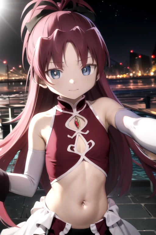 (Highest quality, masterpiece:1.2), Super detailed, One girl, Sakura Kyouko, Redhead, ponytail, Long Hair, Small breasts, View your viewers, Underarm,Magical girl, No sleeve, cut out, belly button,Outdoor,night、Highest quality、High resolution、Unity 8K Wall 、(Awareness-raising:0.8)、(Beautiful and beautiful eyes:1.6)、Highly detailed face、Perfect lighting、Detailed CG、 (Perfect hands、Perfect Anatomy)、