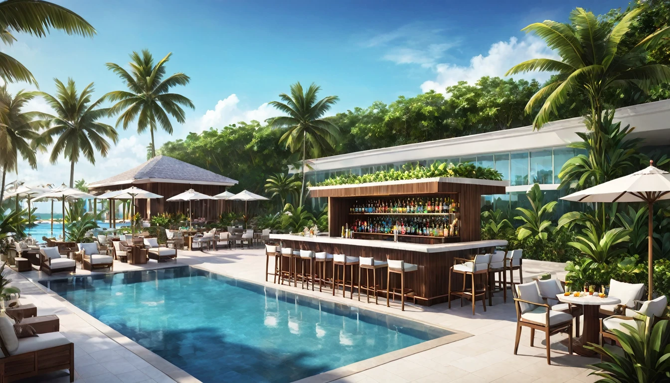 Create a digital illustration of an outdoor bar at a resort hotel's poolside. The scene features a luxurious bar with a sleek, modern design, situated next to a crystal-clear swimming pool. The bar counter is made of polished wood and marble, with comfortable bar stools arranged neatly. Exotic tropical plants and stylish lounge chairs surround the area, adding to the resort vibe. The sky is clear and sunny, and the pool water reflects the vibrant blue sky. Guests are relaxing with colorful cocktails in hand, enjoying the serene and upscale atmosphere.