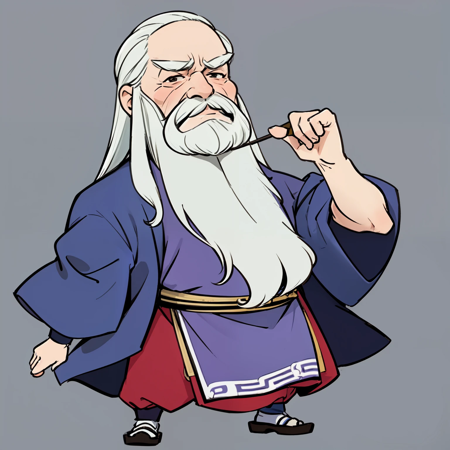 qgufeng，Old man with white beard，Exaggerated beard，Purple clothes，Chinese style，white background,full body, chibi