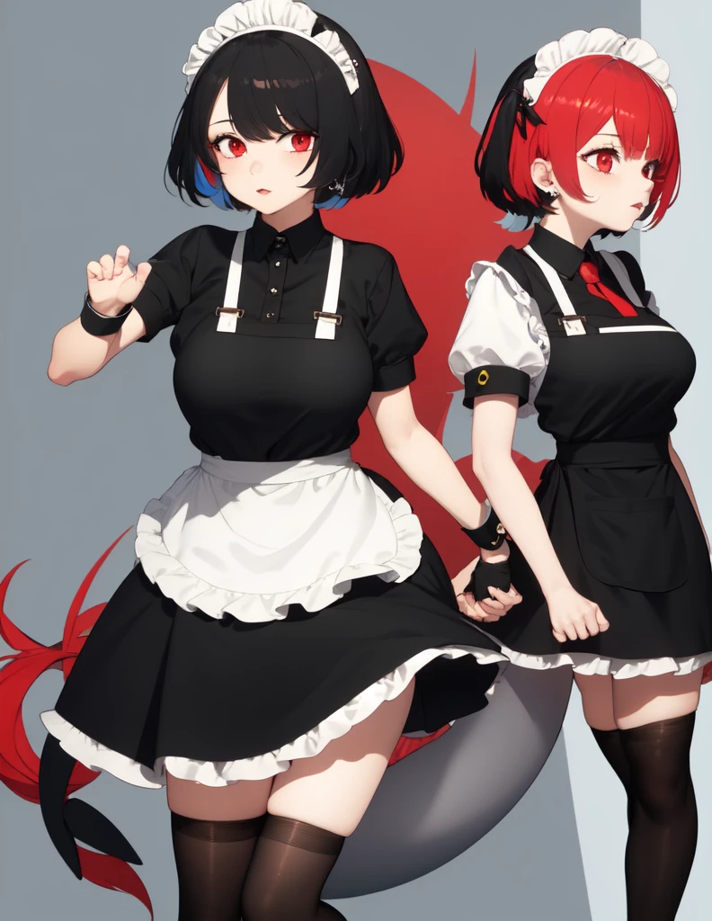 solo,1girl(big breast)(masterpiece, best quality:1.2),Ellen Jo,Zenless Zone Zero,alternate costume ,maid, shark tail, (shark girl:0.5), short hair,black hair,red eyes, tail, pantyhose,multicolored hair, black footwear, short sleeves, apron, wrist cuffs, maidheaddress, stockings, nyantchaellen joe, black hair, red hair,colored inner hair, multicolored hair, (red eyes:1.3), red hair, short hair, two-tone hair,apron, black pantyhose, black shirt, ear piercing,