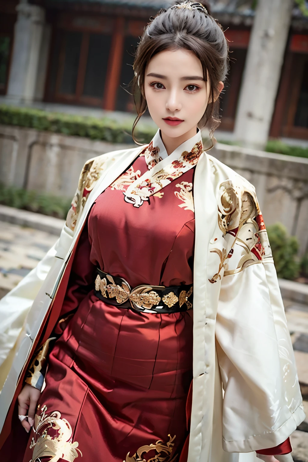 ((You are a beautiful woman.)), Fei Yu_robes, hips up, Scenery of ancient Chinese houses, Evening, red mouth, High nose, big breasts, red cloth, Gold Embroidery, black embroidered gold, blonde hair, high ponytail, depth of field, สาวสวยกับdetailsที่สวยงาม, European face, ดวงตาและใบหน้าที่Very detailed，robesdetailsมาก, The resolution is incredibly ridiculous.， hugeFilesize， ไฮเปอร์details， High resolution， Very detailed， best quality， Masterpiece, The resolution is incredibly ridiculous., illustration， มีdetailsและสวยงามเป็นพิเศษ，official art, Very detailed， CG， unity， 8k wallpaper， Surprisingly， details， Masterpiece， Highest quality, วอลล์เปเปอร์ CG unity 8k ที่มีdetailsมาก（Perfect shiny skin：0.6）Best shots)), ((Masterpiece)), (details),