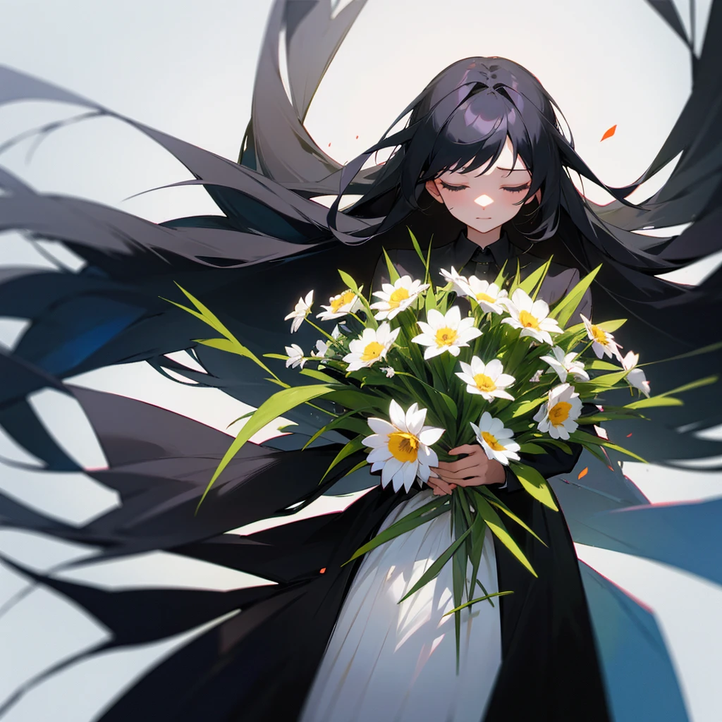 Long black hair, closed eyes, bouquet of flowers, black ribbon on head, black clothes