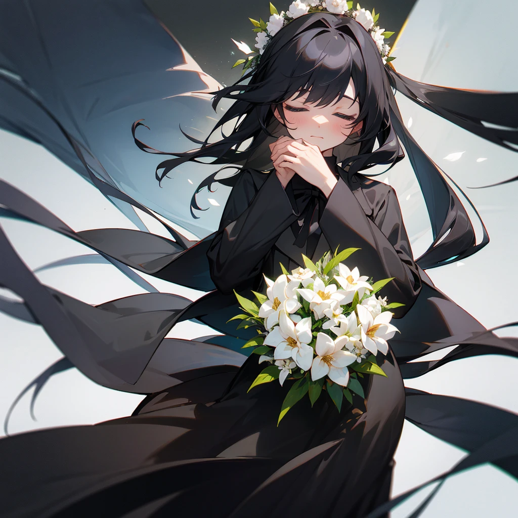 Long black hair, closed eyes, bouquet of flowers, black ribbon on head, black clothes