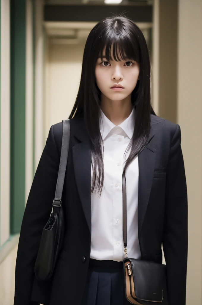 masterpiece, best quality, very aesthetic, absurdres, anime quality, people in the background 

in school hallway 

1girls, shock expression on her face, looking at viewer, standing while holding a bag, long hair with bangs, black hair, black eyes, tomboy style with uniform, side viewing the viewer, angry expression on her face