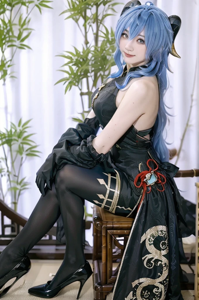 {{masterpiece, best quality, extremely detailed CG, unity 8k wallpaper, cinematic lighting, lens flare}},blue hair,(goat horns:1.2),ganyu french maid,Blue and white cheongsam,qipaoganyu,hair between eyes,pantyhose,(looking at viewer:1.2),blue eyes,black dress,wide view,full body,sitting,cosplay,ganyu \(genshin impact\),thick body,ganyu,chinese clothes,long blond hair,green eyes,(bamboo forest:1.3),stone path,smile,onsen,