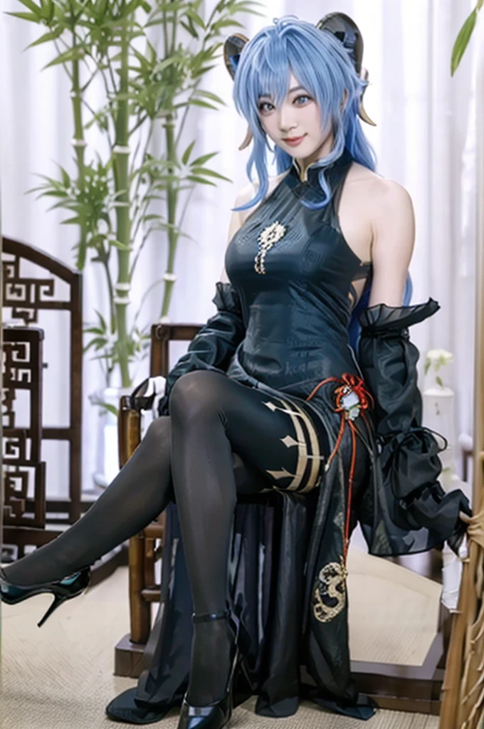 {{masterpiece, best quality, extremely detailed CG, unity 8k wallpaper, cinematic lighting, lens flare}},blue hair,(goat horns:1.2),ganyu french maid,Blue and white cheongsam,qipaoganyu,hair between eyes,pantyhose,(looking at viewer:1.2),blue eyes,black dress,wide view,full body,sitting,cosplay,ganyu \(genshin impact\),thick body,ganyu,chinese clothes,long blond hair,green eyes,(bamboo forest:1.3),stone path,smile,onsen,