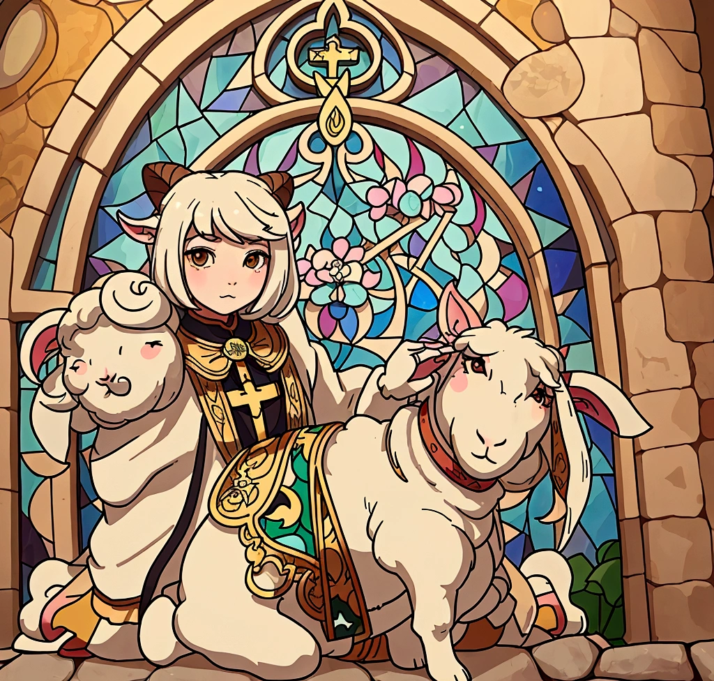 I want the style of church stained glass,The Capricorn sheep head needs to be a frontal face and the style should be a simple cartoon,Don’t use too many colors overall,Don’t make it too complicated