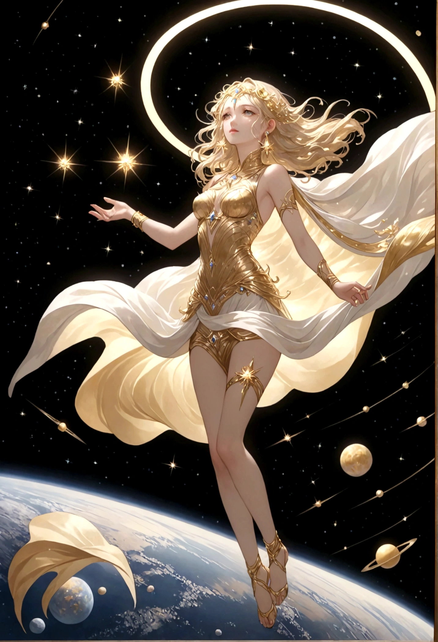 (masterpiece、highest quality、High resolution、8k)、Alone in space、goddess、Smile with closed mouth、Standing posture、whole body、Super beautiful、(Floating in the sky like a star、Floating、Floating)、金色のLightがwhole bodyを包んでいる、whole bodyがLightの中にある、Looking down on the earth、(目がくらむほどのLight、Light、Light)、宇宙はLightに満ち満ちている、Dynamic Movement、The Universe is Infinite、