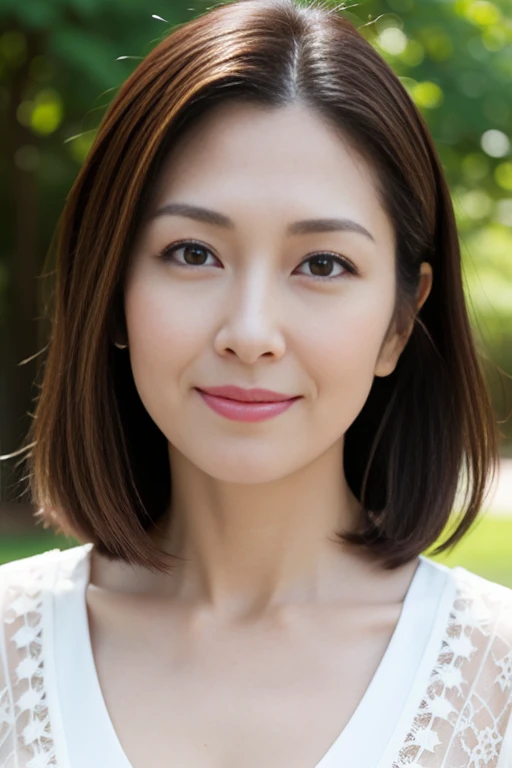 Dark brown hair, Light brown eyes, Japanese women, 40 years old, Intricate details, Upper body photo, (Detailed eyes), (Detailed facial features), highest quality, Ultra-high resolution, 8K resolution, Depth of written boundary, at the park, Medium sized breasts, Cleavage, Wearing a light blouse, (short hair), (View your viewers), (Standing in a sexy pose)