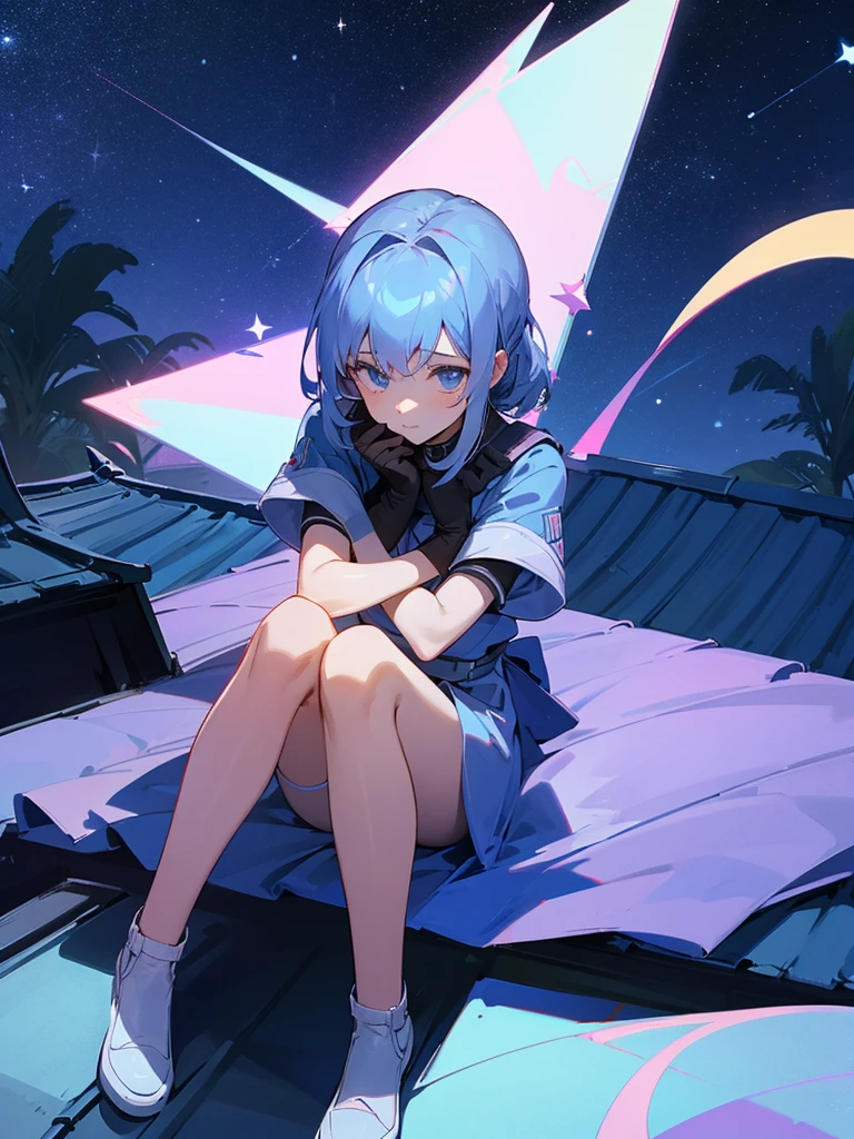 Very high quality,the best color anime art,Full body,fischlein,Stars,Meteor,holding luminous star in his hand,Sit on the edge of the bed,a look into the frame,Bedrooms,(crepuscular:0.7),(Purple fog:0.7),No shoes,Nice looking feet,white short socks