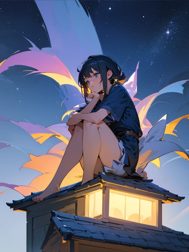 Girl sitting on the roof of a house, clasping your knees with your hands, and looks thoughtfully at the night sky, Star-studded. She's wearing a cozy sweater and her favorite cat socks.. Nearby there is a mug with still warm cocoa.