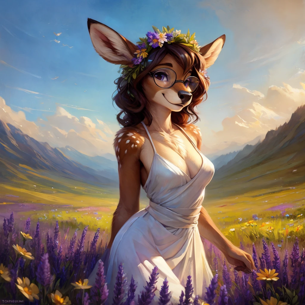 uploaded on e621, watercolor look, by Pixelsketcher, by Bayard Wu, by Thomas Benjamin Kennington , by Einshelm, by hioshiru and kenket, Chunie, portrait, solo anthro female deer doe, with small featureless breasts, clear dark blue, cinematic lighting, day, sunny day, lavender field, stays in a wildflowers field, wildflowers field background, mediterranean background, horizon background, shiny, short curly dark brown hair, wearing big black nerd glasses, very very beautiful furry art, furry art, smiling, joyful, shiny, happy, feminine, cute face, muzzle, fluffy chest, flawless face, Fallow deer, 1girl, Sakimichan is beautiful, Masterpiece, Wavethesallow Face, shiny, Detailed image, portrait, Detailed image, portrait, full body, wearing pure white short spaghetti straps dress, wearing a wildflowers wreath, shiny, realistic face, perfect ???????, hourglass body, (furry body:1.1), anthropomorphic deer, looks at the viewer, small fluffy tail, detailed background, (cute anatomy:1.1), stands in a wildflowers field, wildflowers in hair
