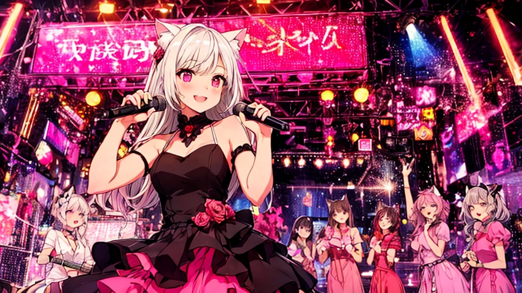 Highly detailed face,fine grain,Highlighted eyes, medium breasts ,pretty girl, smile shyly,Cat ear,Beautiful silver hair,Pink inside,Beautiful pink eyes,shiny skin,
dress scene, looking the viewer,
Represent idol in bright colors, Represent idol dress in colorful colors, Represent idol's singing voice in warm colors