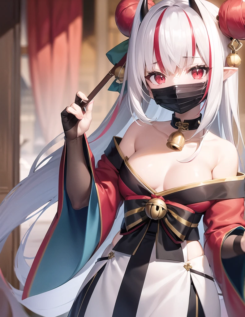 line-drawing-style,(best quality),(masterpiece),1girl, solo, bell, hair bell, virtual youtuber, nakiri ayame, long hair, horns, red eyes, hair ornament, double bun, hair bun, smile, mask, white hair, oni horns, oni mask, upper body, multicolored hair, blush, white background, open mouth, jingle bell, japanese clothes, mask on head, red hair, bare shoulders, kimono, simple background, streaked hair, holding, off shoulder, bangs, :d, tassel, oni, , fang