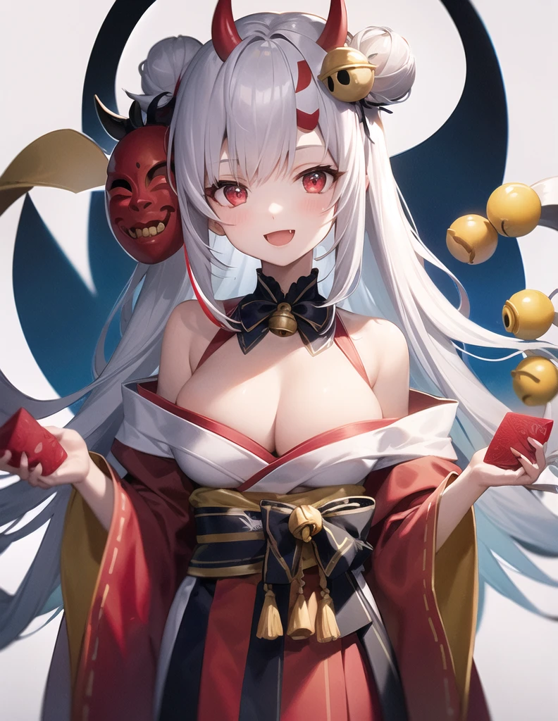 line-drawing-style,(best quality),(masterpiece),1girl, solo, bell, hair bell, virtual youtuber, nakiri ayame, long hair, horns, red eyes, hair ornament, double bun, hair bun, smile, mask, white hair, oni horns, oni mask, upper body, multicolored hair, blush, white background, open mouth, jingle bell, japanese clothes, mask on head, red hair, bare shoulders, kimono, simple background, streaked hair, holding, off shoulder, bangs, :d, tassel, oni, breasts, fang
