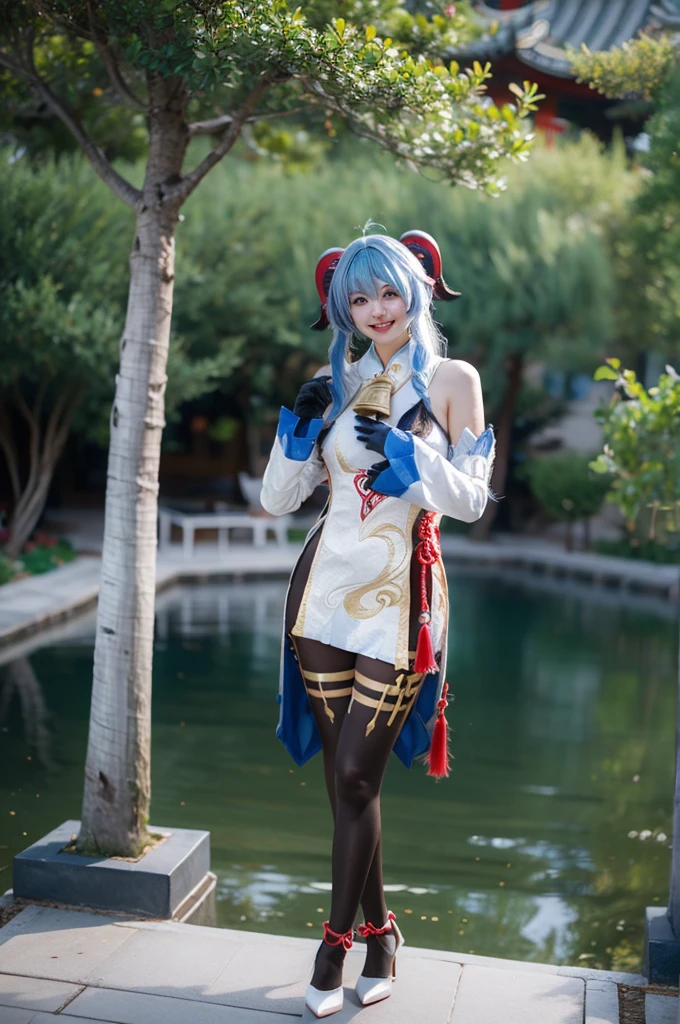 best quality, masterpiece, photorealistic, 1girl, solo, looking at viewer, smile, closed mouth, full body, standing, ganyu cosplay costume, cosplay, blue hair, long hair, horns, bangs, ahoge, sidelocks, tight, black bodysuit, body stocking, detached sleeves, gloves, neck bell, chinese knot, tassel, (white high heels:1.2), chinese garden, flower , tree, water,