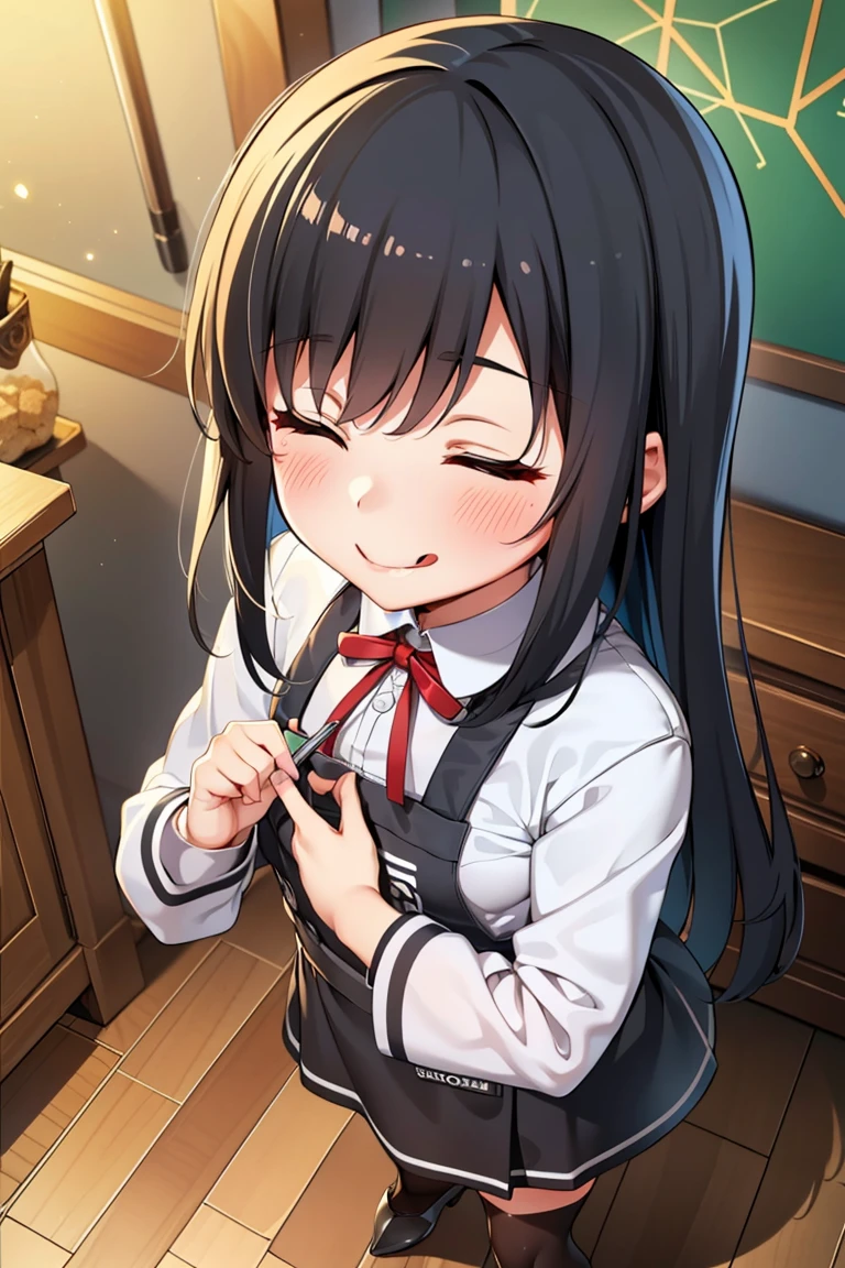 asashiokainiKC, Long Hair, shirt, Knee socks, Long sleeve, ribbon, , neck ribbon, Apron dress, (Small breasts:1.2), (Small body:1.2), (Low length:1.2), One , alone,
break 
(SFW:1.3), (whole body), (Bust up shot:1.2), (Face Focus:1.1)
break
0pen,  (Sticking out tongue), ((Long Tongue)), (Open your mouth) , From above, (Overhead Shot)
break
(;d:1.2), A shy smile, (blush:1.2), (Closed eyes)
break
official art, Masterpiece, Highest quality, Highest Resolution, 8K, Most detailed, Extremely elaborate hands, Highly detailed fingers, Highly detailed mouth, perfect anatomy
break
(indoor, Bedroom), dust, dust, Particles of light, Highly detailed 16K CG wallpaper