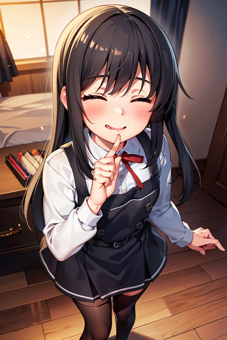 asashiokainiKC, Long Hair, shirt, Knee socks, Long sleeve, ribbon, , neck ribbon, Apron dress, (Small breasts:1.2), (Small body:1.2), (Low length:1.2), One , alone,
break 
(SFW:1.3), (whole body), (Bust up shot:1.2), (Face Focus:1.1)
break
0pen,  (Sticking out tongue), ((Long Tongue)), (Open your mouth) , From above, (Overhead Shot)
break
(;d:1.2), (blush:1.2), (close your eyes), (Ahegao)

Official Art, masterpiece, Highest quality, Highest Resolution, 8K, Most detailed, Extremely elaborate hands, Highly detailed fingers, Highly detailed mouth, perfect anatomy
break
(indoor, Bedroom), Dust, Dust, Particles of light, Highly detailed 16k CG wallpaper