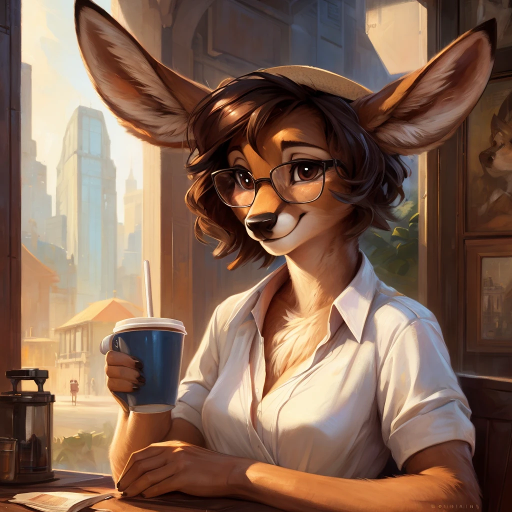 uploaded on e621, by Pixelsketcher, by Bayard Wu, by Thomas Benjamin Kennington , by Einshelm, by hioshiru and kenket, Chunie, portrait, solo anthro female deer doe, tiny featureless breasts, tiny breasts, clear dark blue, cinematic lighting, day, sunny day, sitting outside at a café, café background, french background, old french background, shiny, short curly dark brown hair, short hair, wears big black nerd glasses, very very beautiful furry art, furry art, thoughtful, shiny, feminine, cute face, muzzle, fluffy chest, flawless face, Fallow deer, 1girl, Sakimichan is beautiful, Masterpiece, Wavethesallow Face, shiny, Detailed image, portrait, Detailed image, portrait, wears pure white wide, big blouse, wears beige summer straw hat, shiny, realistic face, perfect anatomy, hourglass body, anthropomorphic deer, happy, very happy, small ears, huge black nerd glasses, wide happy eyes, look at viewer, smiles, big smile, holds big cup of coffee, hourglass body, (furry body:1.1), anthropomorphic deer, small fluffy tail, detailed background, (cute anatomy:1.1), looks into the distance
